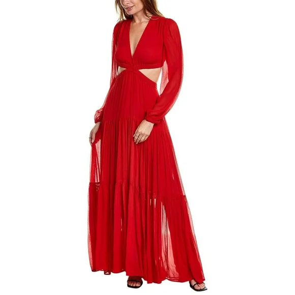 NWT A.L.C. Isabelle Cutout Long Sleeve Tiered 100% Silk Maxi Dress Sz 0 - Picture 4 of 6